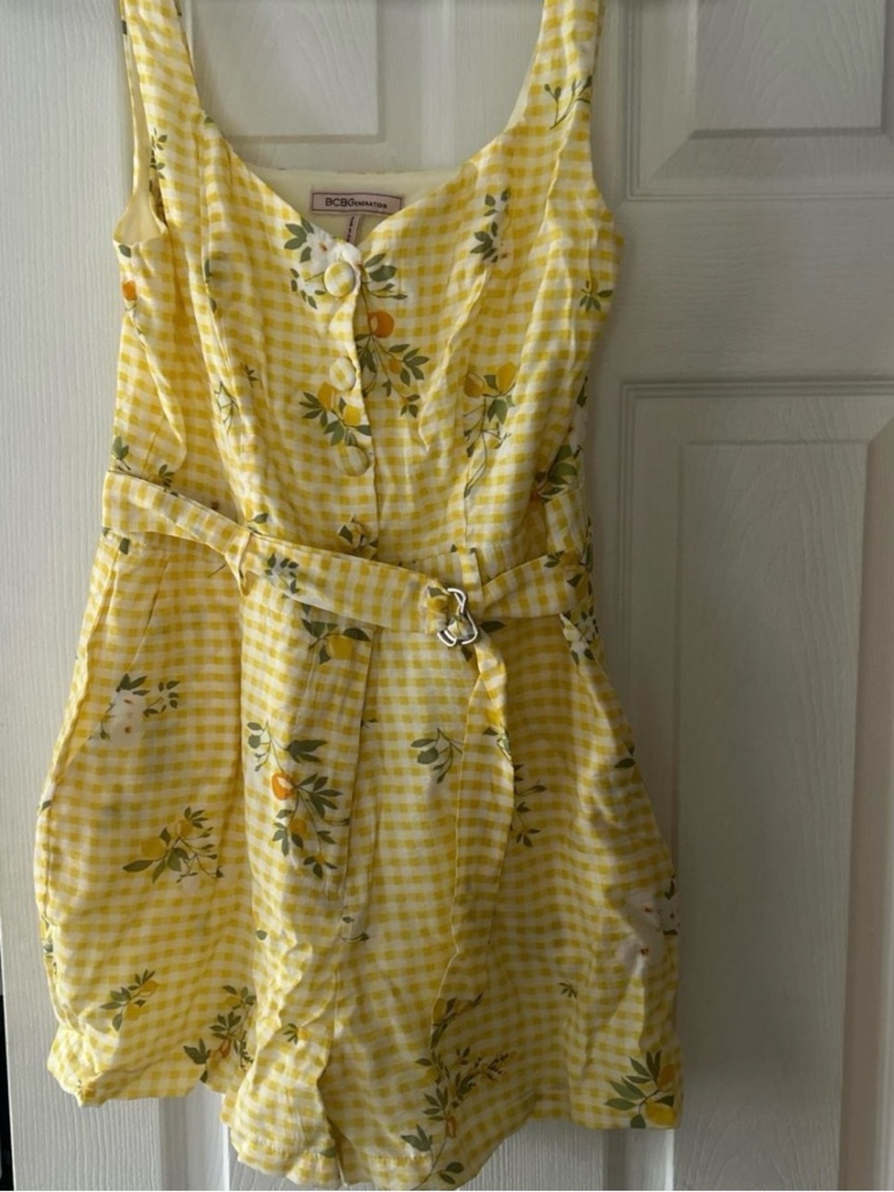 BCBGeneration Yellow Gingham Floral Button-Front Top